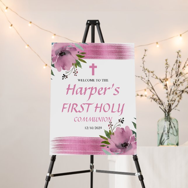 Pink Floral First Holy Communion Welcome Board (In Situ (Stand))
