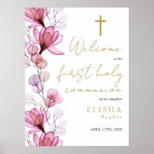 Pink Floral First Holy Communion Welcome Sign