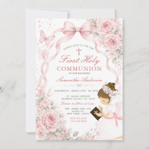 Pink Floral First Holy Communion with Girl Cross Invitation