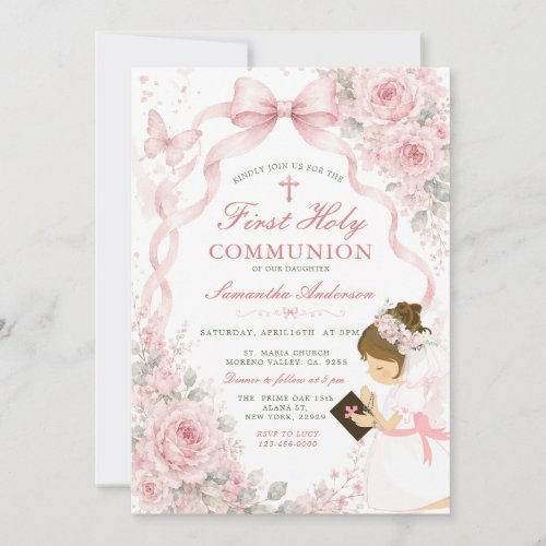 Pink Floral First Holy Communion with Girl Cross Invitation