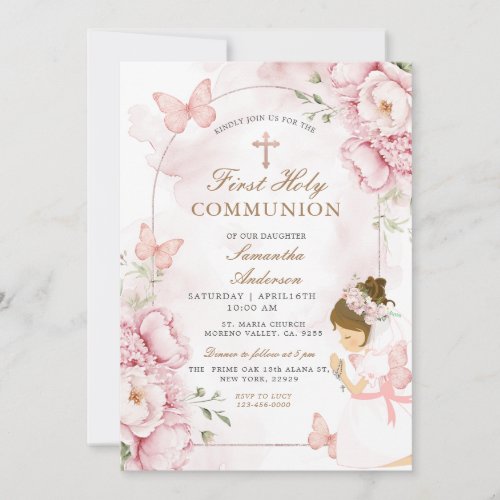 Pink Floral First Holy Communion with Girl Invitation