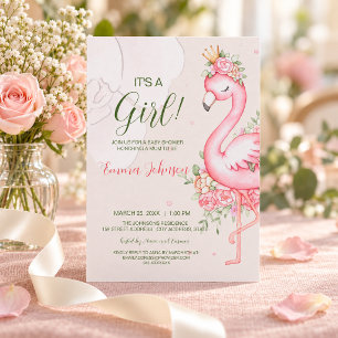 Pink Floral Flamingo Baby Shower Invitation