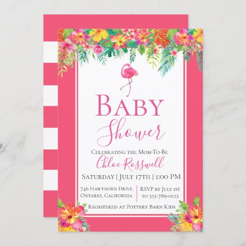 Pink Floral Flamingo Baby Shower Invitation