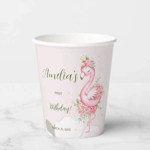 Pink Floral Flamingo Birthday Paper Cups