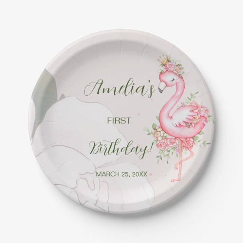 Pink Floral Flamingo Birthday Paper Plates
