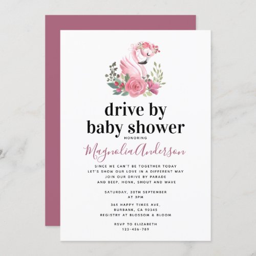 Pink Floral Flamingo Drive By Baby Shower Invitation