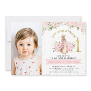 Pink Floral Flopsy Bunny Rabbit 1st Photo Birthday Invitation