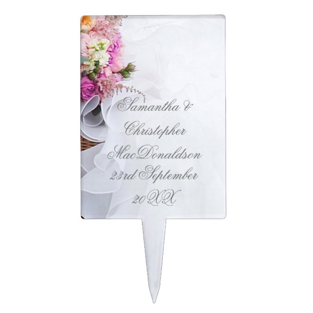 Pink floral flower bouquet and wedding dress cake topper (Front)