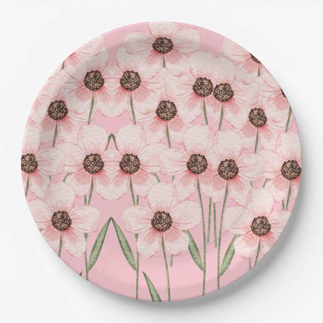  Pink Floral Flower Pattern Paper Plates (Front)