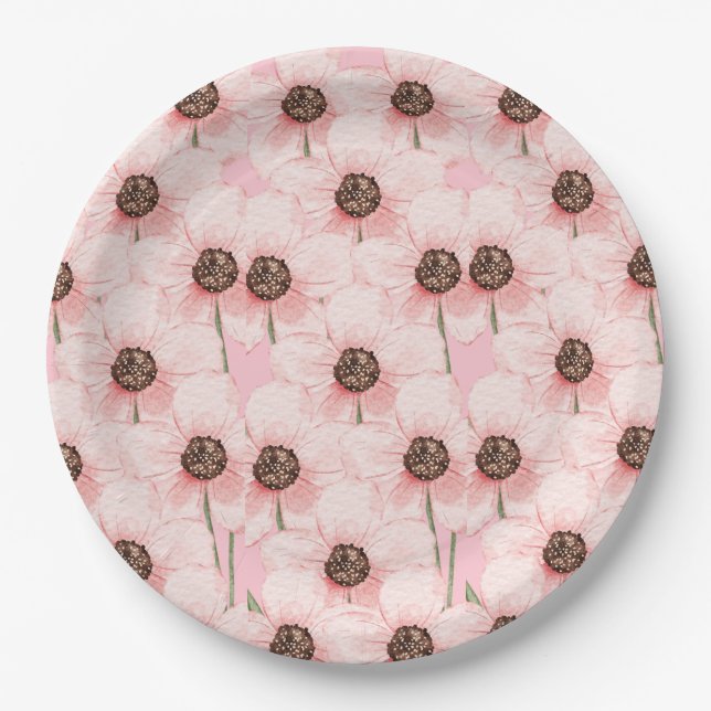 Pink Floral Flower Pattern Paper Plates (Front)