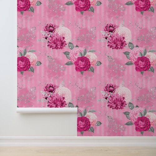 Pink Floral Flower Silver Glitter Butterfly Design Wallpaper