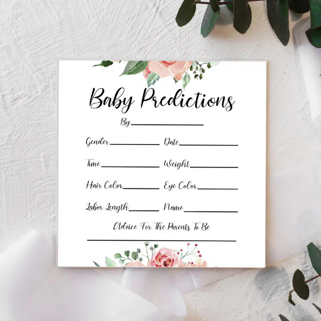 Pink Floral Flowers Baby Shower Predictions Cards 