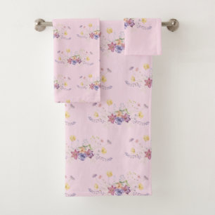 Pink Floral Flowers Spray Bouquet  Bath Towel Set