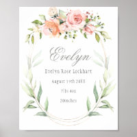 Pink Floral Foliage Baby Birth Announcement Sign