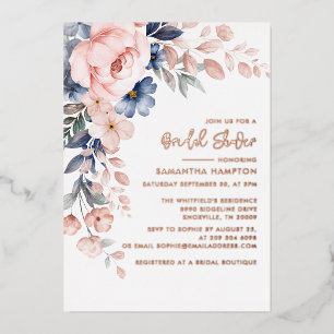 Pink Floral Foliage Bridal Shower Rose Gold Foil Invitation