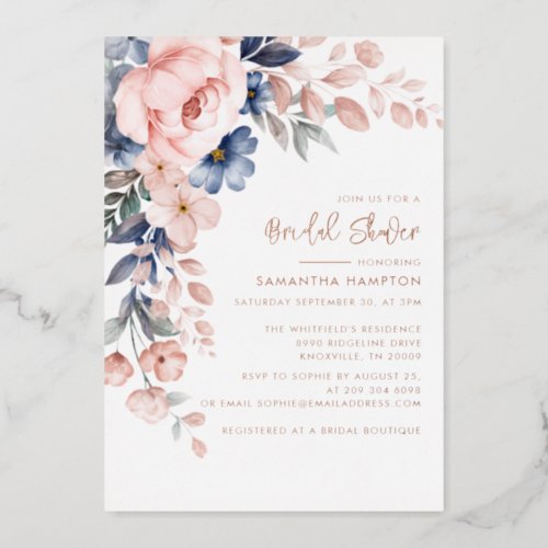 Pink Floral Foliage Bridal Shower Rose Gold Foil Invitation