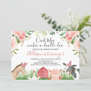 Pink Floral Foliage Farm Animals Birthday Invitation