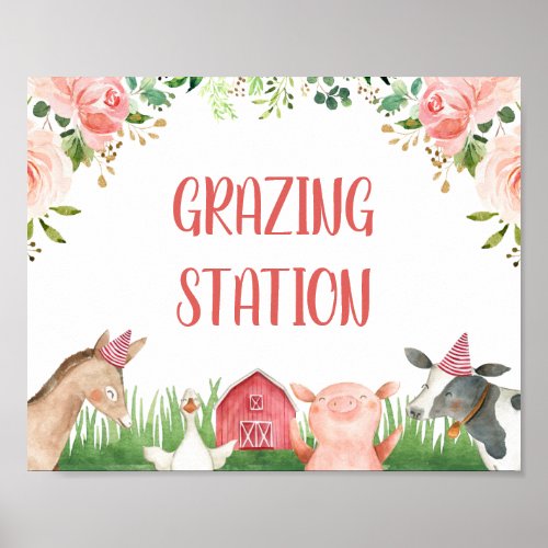 Pink Floral Foliage Farm Animals Birthday Party  Poster