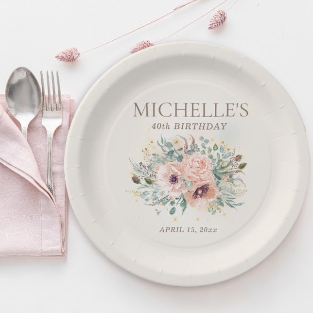 Pink Floral Foliage Glitter 40th Birthday Paper Plates (Blush pink floral and sage green leaves birthday party paper plates)