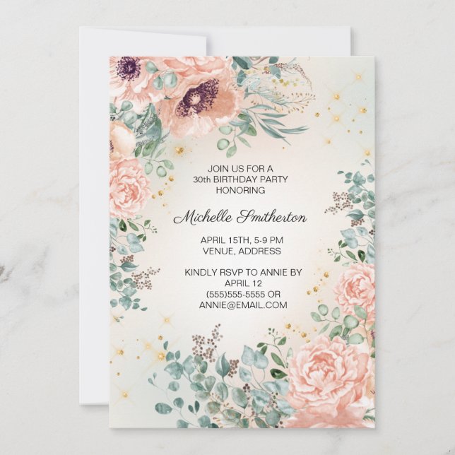 Pink Floral Foliage Gold Glitter 30th Birthday Invitation (Front)