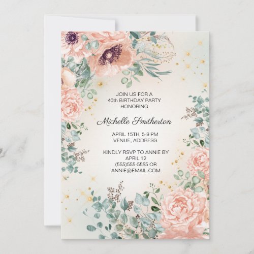 Pink Floral Foliage Gold Glitter 40th Birthday Invitation