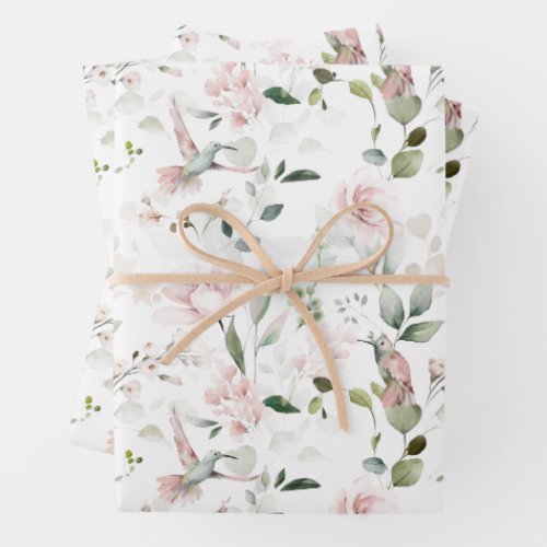 Pink Floral Foliage Hummingbird Wrapping Paper