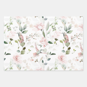 Pink Floral Foliage Hummingbird Wrapping Paper Sheets