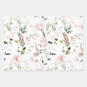 Pink Floral Foliage Hummingbird Wrapping Paper Sheets by IrinaFraser at Zazzle