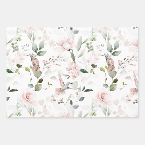Pink Floral Foliage Hummingbird Wrapping Paper Sheets