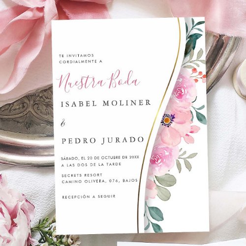 Pink Floral Foliage Nuestra Boda Spanish Wedding Invitation