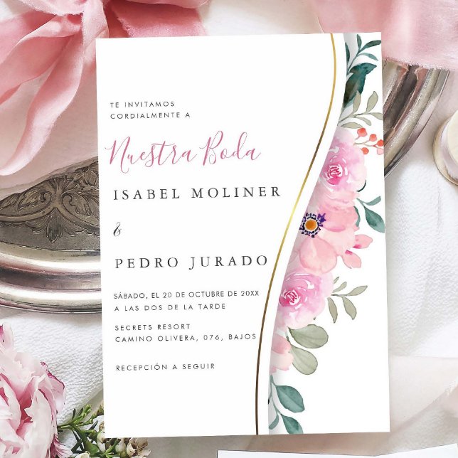 Pink Floral Foliage Nuestra Boda Spanish Wedding Invitation (Creator Uploaded)