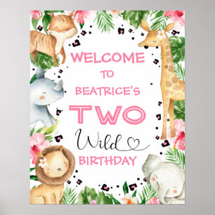Pink Floral Foliage Safari Birthday Welcome Sign