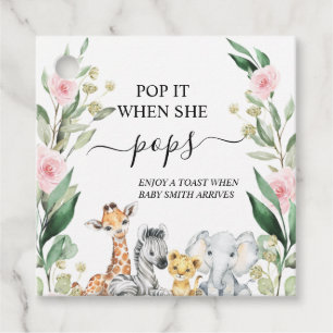 Pink Floral Foliage Safari Pop It Baby Shower Favor Tags