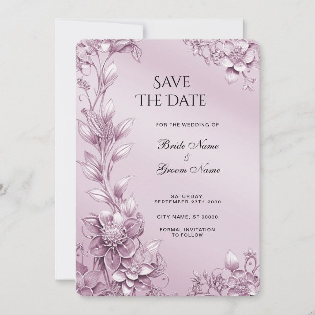 Pink Floral Foliage Save The Date (Front)