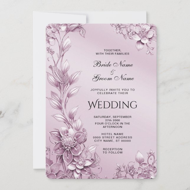 Pink Floral Foliage Wedding Invitation (Front)