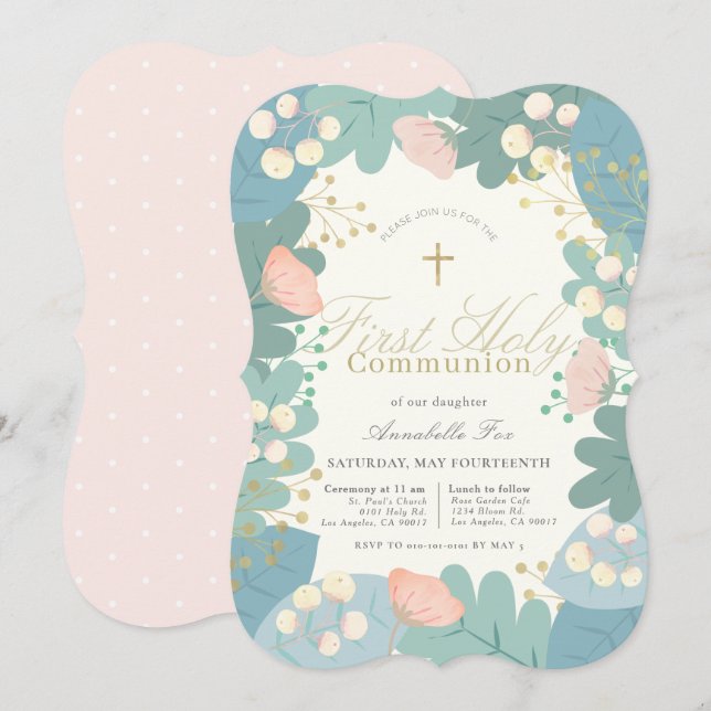 Pink Floral Foliages Girl First Holy Communion Invitation (Front/Back)