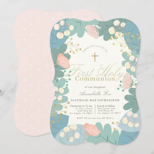 Pink Floral Foliages Girl First Holy Communion Invitation | Zazzle