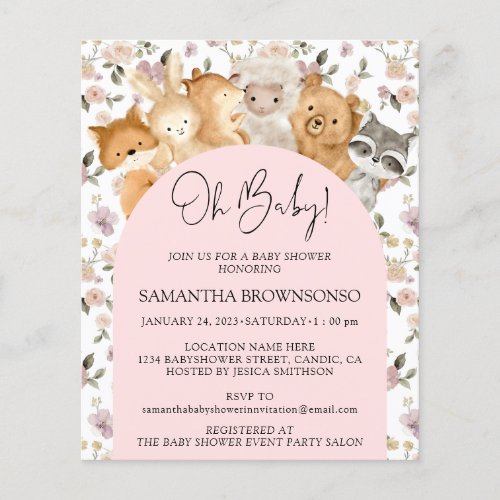 Pink Floral Forest Animals Oh Baby Shower Budget Flyer