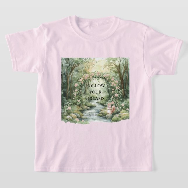 Pink Floral Forest Squirrel T-Shirt (Laydown)