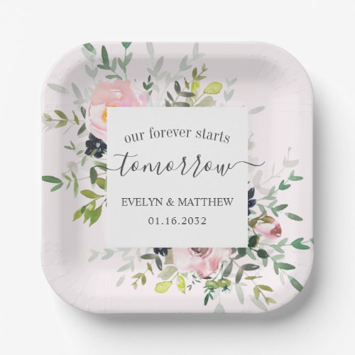 Pink Floral Forever Starts Tomorrow Rehearsal Paper Plates