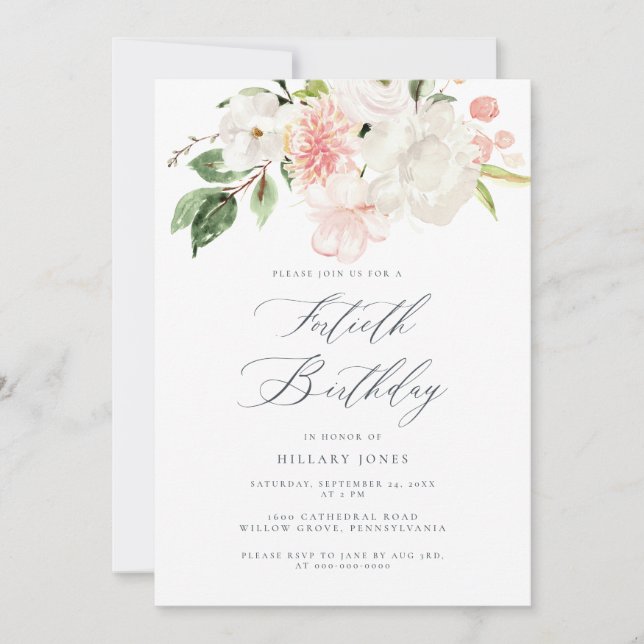 Pink Floral Fortieth Birthday Party Invitation (Front)