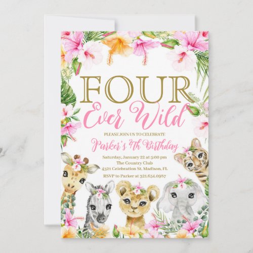 Pink Floral Four Ever Wild Jungle Birthday Girl Invitation