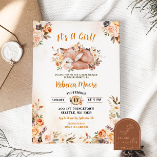 Pink Floral Fox Forest Baby Shower Invitation