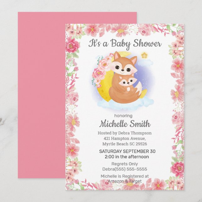 Pink Floral Fox Mom Baby Shower Invitation (Front/Back)