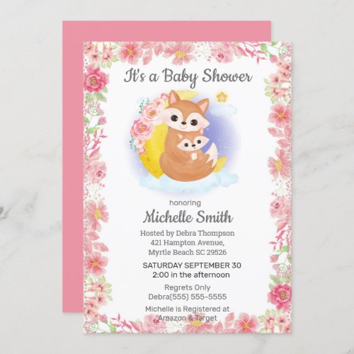 Pink Floral Fox Mom Baby Shower Invitation