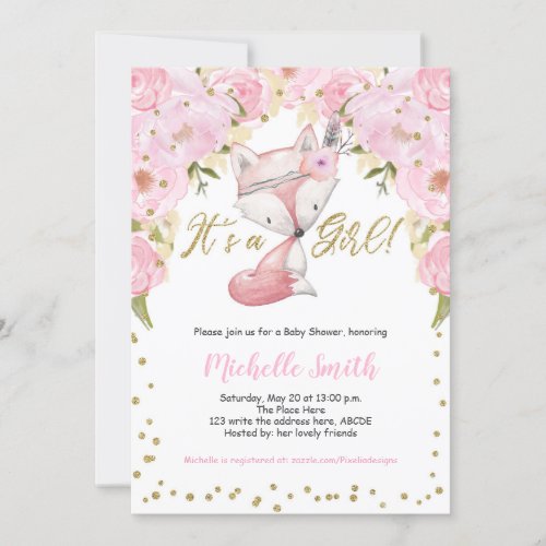 Pink Floral Fox Woodland Baby Girl Shower Invitation