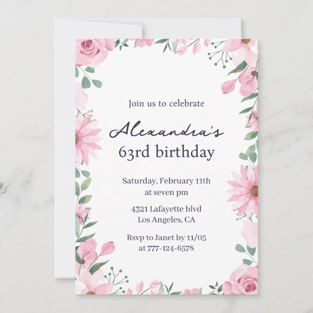 Pink Floral Frame 63rd birthday invitations  (Front)