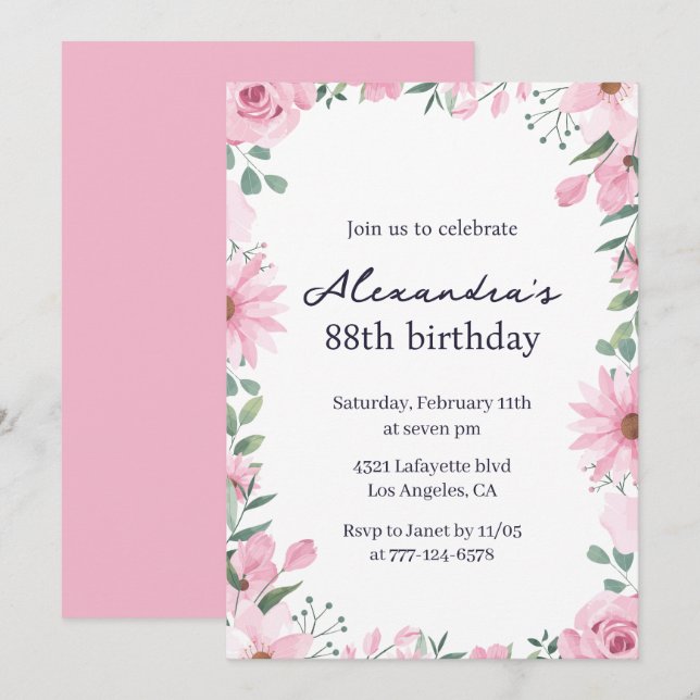Pink Floral Frame 88th birthday Invitation (Front/Back)