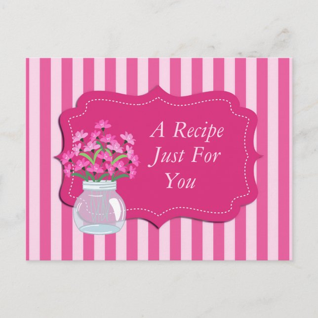 Pink Floral Frame and Stripes Recipe Card Postcard (Front)