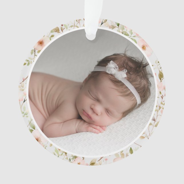 Pink Floral Frame Baby's First Christmas Ornament (Front)